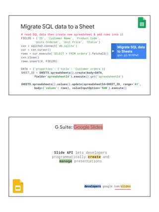 Try our Node.js BigQuery GitHub license analyzer codelab:
g.co/codelabs/slides
Why use the Slides API?
data visualization
...