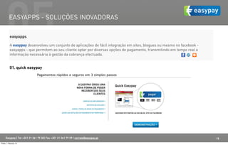 05  EASYAPPS - SOLUÇÕES INOVADORAS

           easyapps

           A easypay desenvolveu um conjunto de aplicações de fácil integração em sites, blogues ou mesmo no facebook -
           easyapps - que permitem ao seu cliente optar por diversas opções de pagamento, transmitindo em tempo real a
           informação necessária à gestão da cobrança efectuada.


           01. quick easypay




      Easypay | Tel +351 21 261 79 30| Fax +351 21 361 79 29 | correio@easypay.pt                                         15
Friday, 1 February 13
 