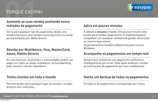 01  PORQUÊ EASYPAY

           Aumente as suas vendas aceitando novos
           métodos de pagamento
           Serve para qualquer tipo de pagamento, desde uma
           simples factura a uma compra numa loja online ou ainda
           para prestações por débito directo.
                                                                                    Adira em poucos minutos
                                                                                    A adesão à easypay é rápida. Em poucos minutos está
                                                                                    pronto para receber pagamentos. A implementação é
                                                                                    compatível com qualquer software de gestão, facturação
                                                                                    ou mesmo lojas online.
                                                                                    Disponibilizamos também webservices para Linux e
                                                                                    Windows.
           Receba por Multibanco, Visa, MasterCard,
           Amex, Débito Directo                                                     Acompanhe os pagamentos em tempo real
           As suas facturas, orçamentos e mensalidades podem ser                    Sempre que recebemos um pagamento notificamos
           pagos em todos os caixas multibanco, no homebanking,                     imediatamente por email. Pode optar ainda por receber
           pela internet e até por telemóveis.                                      as notificações de pagamento por sms e webservice.



           Tenha clientes em todo o mundo                                           Ganhe um backup de todos os pagamentos
           Permite vender para qualquer lugar do mundo e receber                    O histórico de pagamentos é armazenado por 5 anos.
           dinheiro sem restrições.


      Easypay | Tel +351 21 261 79 30| Fax +351 21 361 79 29 | correio@easypay.pt                                                            3
Friday, 1 February 13
 