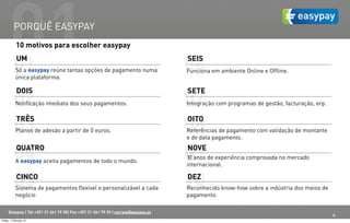 01  PORQUÊ EASYPAY



          01
            10 motivos para escolher easypay
            UM
            Só a easypay reúne tantas opções de pagamento numa
            única plataforma.
                                                                                    06
                                                                                    SEIS
                                                                                    Funciona em ambiente Online e Offline.


            DOIS                                                                    SETE
          02Notificação imediata dos seus pagamentos.                               07
                                                                                    Integração com programas de gestão, facturação, erp.



          03TRÊS
            Planos de adesão a partir de 0 euros.                                   08
                                                                                    OITO
                                                                                    Referências de pagamento com validação de montante
                                                                                    e de data pagamento.


          04QUATRO
            A easypay aceita pagamentos de todo o mundo.
                                                                                    09
                                                                                    NOVE
                                                                                    10 anos de experiência comprovada no mercado
                                                                                    internacional.


          05CINCO
            Sistema de pagamentos flexível e personalizável a cada
                                                                                    10
                                                                                    DEZ
                                                                                    Reconhecido know-how sobre a indústria dos meios de
            negócio                                                                 pagamento.

      Easypay | Tel +351 21 261 79 30| Fax +351 21 361 79 29 | correio@easypay.pt
                                                                                                                                           4
Friday, 1 February 13
 