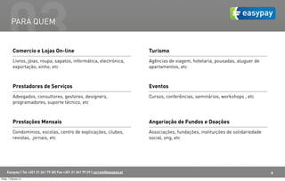 03  PARA QUEM


            Comercio e Lojas On-line
            Livros, jóias, roupa, sapatos, informática, electrónica,
            exportação, vinho, etc
                                                                                    Turismo
                                                                                    Agências de viagem, hotelaria, pousadas, aluguer de
                                                                                    apartamentos, etc



            Prestadores de Serviços                                                 Eventos
            Advogados, consultores, gestores, designers,                            Cursos, conferências, seminários, workshops , etc
            programadores, suporte técnico, etc



            Prestações Mensais                                                      Angariação de Fundos e Doações
            Condomínios, escolas, centro de explicações, clubes,                    Associações, fundações, instituições de solidariedade
            revistas, jornais, etc                                                  social, ong, etc




      Easypay | Tel +351 21 261 79 30| Fax +351 21 361 79 29 | correio@easypay.pt                                                           8
Friday, 1 February 13
 