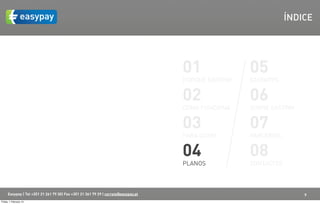 ÍNDICE




                                                                                    01               05
                                                                                    PORQUÊ EASYPAY   EASYAPPS


                                                                                    02               06
                                                                                    COMO FUNCIONA    SOBRE EASYPAY


                                                                                    03               07
                                                                                    PARA QUEM        PARCERIAS


                                                                                    04               08
                                                                                    PLANOS           CONTACTOS



      Easypay | Tel +351 21 261 79 30| Fax +351 21 361 79 29 | correio@easypay.pt                                    9
Friday, 1 February 13
 