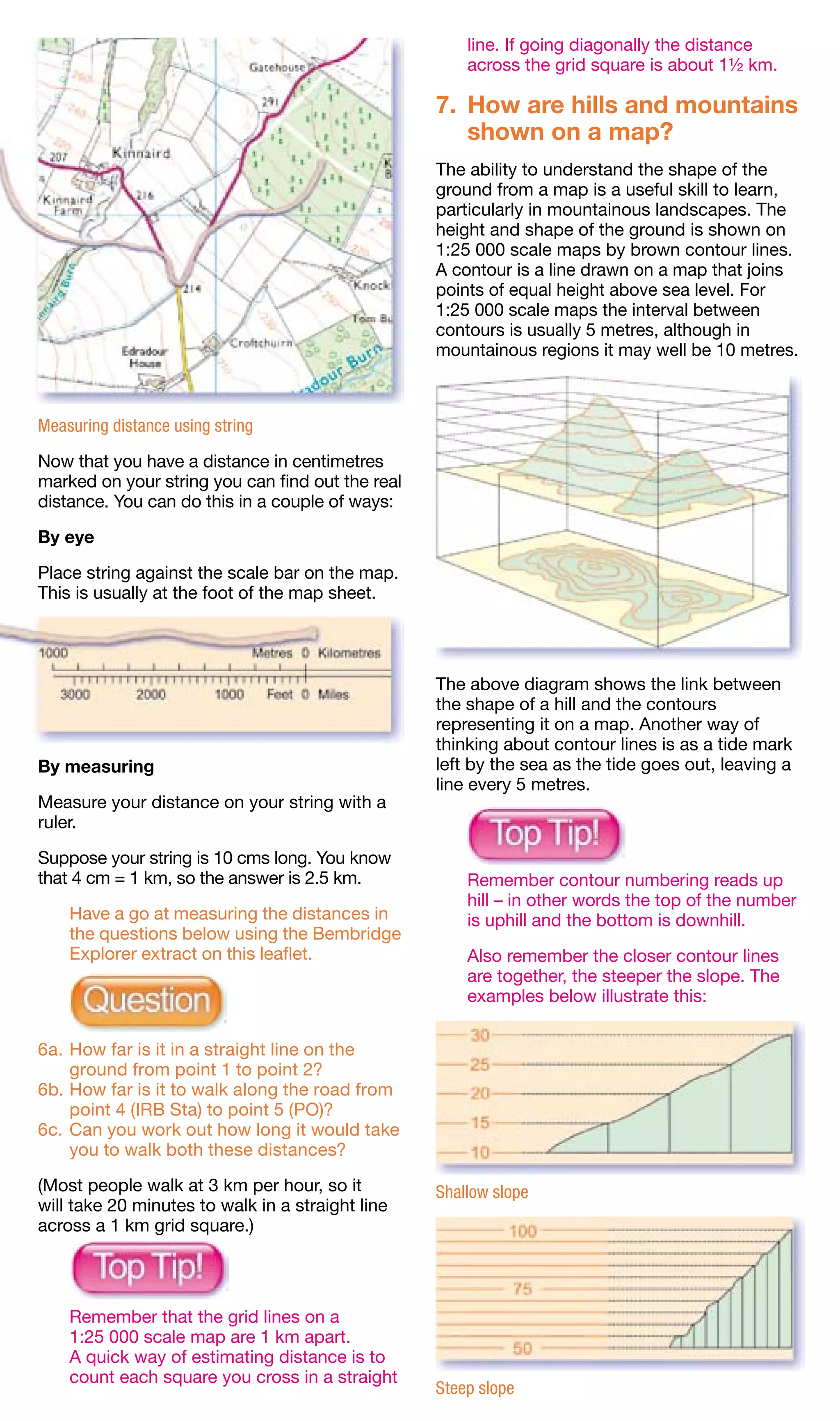 line. If going diagonally the distance
                                                      across the grid square is about 1½ km.

                                                  7.	 How are hills and mountains
                                                      shown on a map?
                                                  The ability to understand the shape of the
                                                  ground from a map is a useful skill to learn,
                                                  particularly in mountainous landscapes. The
                                                  height and shape of the ground is shown on
                                                  1:25 000 scale maps by brown contour lines.
                                                  A contour is a line drawn on a map that joins
                                                  points of equal height above sea level. For
                                                  1:25 000 scale maps the interval between
                                                  contours is usually 5 metres, although in
                                                  mountainous regions it may well be 10 metres.



Measuring distance using string

Now that you have a distance in centimetres
marked on your string you can find out the real
distance. You can do this in a couple of ways:

By eye

Place string against the scale bar on the map.
This is usually at the foot of the map sheet.




                                                  The above diagram shows the link between
                                                  the shape of a hill and the contours
                                                  representing it on a map. Another way of
                                                  thinking about contour lines is as a tide mark
By measuring                                      left by the sea as the tide goes out, leaving a
                                                  line every 5 metres.
Measure your distance on your string with a
ruler.

Suppose your string is 10 cms long. You know
that 4 cm = 1 km, so the answer is 2.5 km.        	   Remember contour numbering reads up
                                                      hill – in other words the top of the number
	   Have a go at measuring the distances in           is uphill and the bottom is downhill.
    the questions below using the Bembridge
    Explorer extract on this leaflet.             	   Also remember the closer contour lines
                                                      are together, the steeper the slope. The
                                                      examples below illustrate this:


6a.	How far is it in a straight line on the
    ground from point 1 to point 2?
6b.	How far is it to walk along the road from
    point 4 (IRB Sta) to point 5 (PO)?
6c.	Can you work out how long it would take
    you to walk both these distances?

(Most people walk at 3 km per hour, so it         Shallow slope
will take 20 minutes to walk in a straight line
across a 1 km grid square.)




	   Remember that the grid lines on a
    1:25 000 scale map are 1 km apart.
    A quick way of estimating distance is to
    count each square you cross in a straight
                                                  Steep slope
 