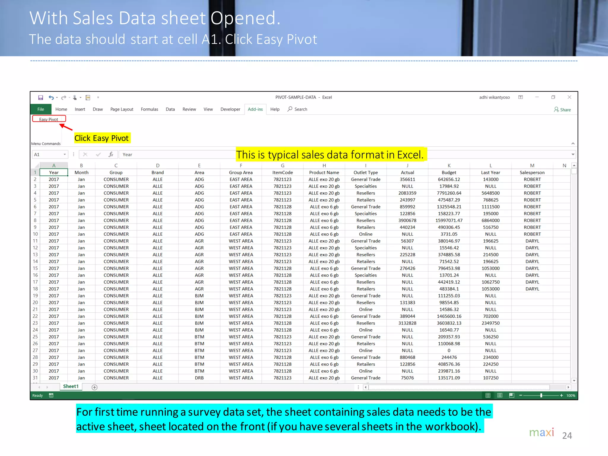 With Sales Data sheet Opened.
The data should start at cell A1. Click Easy Pivot
24
This is typical sales data formatin Excel.
Click Easy Pivot
For firsttime running a survey data set, the sheet containing sales data needs to be the
active sheet, sheet located on the front(if you haveseveralsheets in the workbook).
 