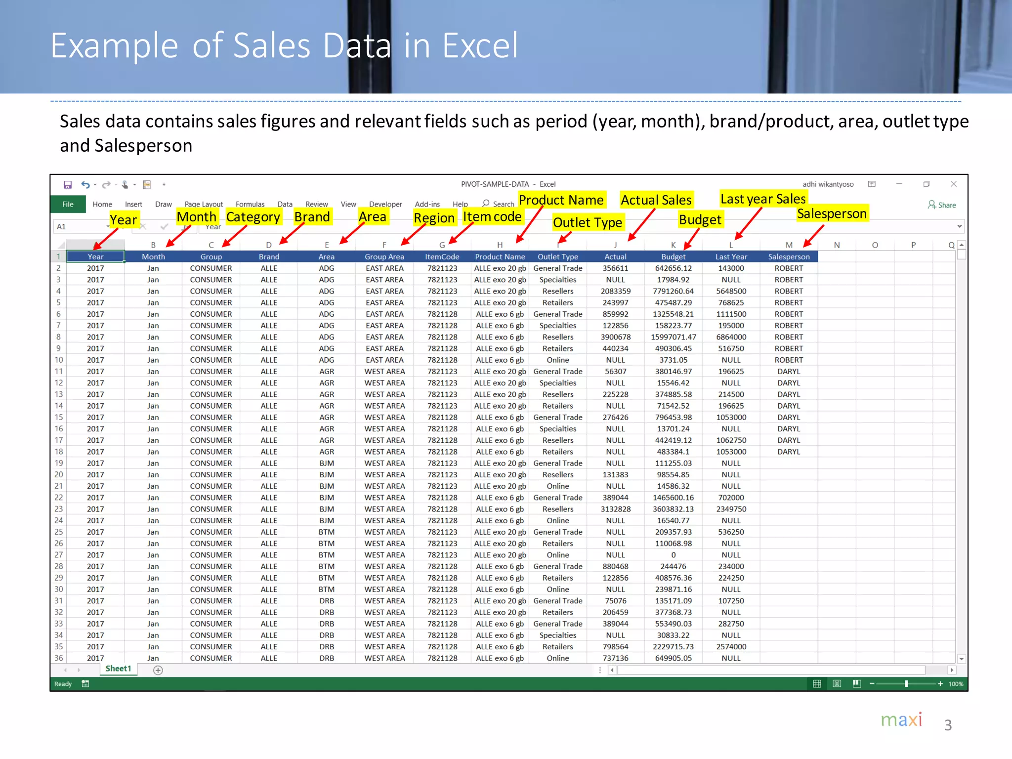 Example of Sales Data in Excel
3
Sales data contains sales figures and relevantfields such as period (year, month), brand/product, area, outlettype
and Salesperson
Year Month Category Brand Area Region Itemcode
Product Name
Outlet Type
Actual Sales
Budget
Last year Sales
Salesperson
 