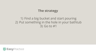 The strategy
1) Find a big bucket and start pouring
2) Put something in the hole in your bathtub
3) Go to #1
 