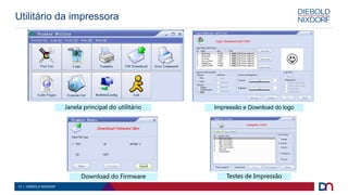 13 | DIEBOLD NIXDORF
Janela principal do utilitário Impressão e Download do logo
Download do Firmware Testes de Impressão
Utilitário da impressora
 