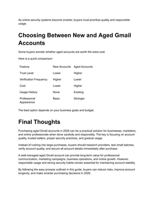 As online security systems become smarter, buyers must prioritize quality and responsible
usage.
Choosing Between New and Aged Gmail
Accounts
Some buyers wonder whether aged accounts are worth the extra cost.
Here is a quick comparison:
Feature New Accounts Aged Accounts
Trust Level Lower Higher
Verification Frequency Higher Lower
Cost Lower Higher
Usage History None Existing
Professional
Appearance
Basic Stronger
The best option depends on your business goals and budget.
Final Thoughts
Purchasing aged Gmail accounts in 2026 can be a practical solution for businesses, marketers,
and online professionals when done carefully and responsibly. The key is focusing on account
quality, trusted sellers, proper security practices, and gradual usage.
Instead of rushing into large purchases, buyers should research providers, test small batches,
verify account quality, and secure all account details immediately after purchase.
A well-managed aged Gmail account can provide long-term value for professional
communication, marketing campaigns, business operations, and online growth. However,
responsible usage and strong security habits remain essential for maintaining account stability.
By following the easy process outlined in this guide, buyers can reduce risks, improve account
longevity, and make smarter purchasing decisions in 2026.
 