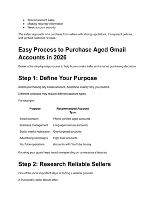 ●​ Shared account sales
●​ Missing recovery information
●​ Weak account security
The safest approach is to purchase from sellers with strong reputations, transparent policies,
and verified customer reviews.
Easy Process to Purchase Aged Gmail
Accounts in 2026
Below is the step-by-step process to help buyers make safer and smarter purchasing decisions.
Step 1: Define Your Purpose
Before purchasing any Gmail account, determine exactly why you need it.
Different purposes may require different account types.
For example:
Purpose Recommended Account
Type
Email outreach Phone verified aged accounts
Business management Long-aged secure accounts
Social media registration Geo-targeted accounts
Advertising campaigns High-trust accounts
YouTube operations Accounts with YouTube history
Knowing your goals helps avoid overspending on unnecessary features.
Step 2: Research Reliable Sellers
One of the most important steps is finding a reliable provider.
A trustworthy seller should offer:
 