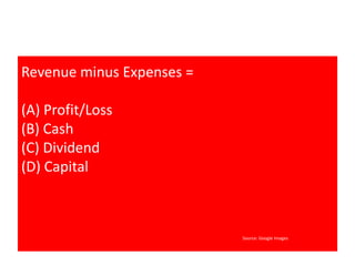 Revenue minus Expenses = 
(A) Profit/Loss 
(B) Cash 
(C) Dividend 
(D) Capital 
Source: Google Images 
