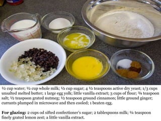 ½ cup water; ½ cup whole milk; ½ cup sugar; 4 ½ teaspoons active dry yeast; 1/3 cups
unsalted melted butter; 1 large egg yolk; little vanilla extract; 3 cups of flour; ¾ teaspoon
salt; ½ teaspoon grated nutmeg; ½ teaspoon ground cinnamon; little ground ginger;
currants plumped in microwave and then cooled; 1 beaten egg.
For glazing: 2 cups od sifted confectioner’s sugar; 2 tablespoons milk; ¼ teaspoon
finely grated lemon zest; a little vanilla extract.
 