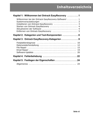 Inhaltsverzeichnis

Kapitel 1: Willkommen bei Ontrack EasyRecovery . . . . . . . . . 1
    Willkommen bei der Ontrack EasyRecovery-Software!                                                                   .   .   .   .   .   .   .   .   1
    Systemvoraussetzungen . . . . . . . . . . . . . . . . . . . .                                                       .   .   .   .   .   .   .   .   2
    Installieren von Ontrack EasyRecovery . . . . . . . . . .                                                           .   .   .   .   .   .   .   .   3
    Starten von Ontrack EasyRecovery . . . . . . . . . . . . .                                                          .   .   .   .   .   .   .   .   4
    Aktualisieren der Software . . . . . . . . . . . . . . . . . . .                                                    .   .   .   .   .   .   .   .   4
    Entfernen von Ontrack EasyRecovery . . . . . . . . . . .                                                            .   .   .   .   .   .   .   .   5

Kapitel 2: Kategorien und Tool-Komponenten . . . . . . . . . . . . . 6
Kapitel 3: Ontrack EasyRecovery-Kategorien . . . . . . . . . . . . . . 9
    Festplattendiagnose . .         .   .   .   .   .   .   .   .   .   .   .   .   .   .   .   .   .   .   .   .   .   .   .   .   .   .   .   .       10
    Datenwiederherstellung          .   .   .   .   .   .   .   .   .   .   .   .   .   .   .   .   .   .   .   .   .   .   .   .   .   .   .   .       12
    File Repair . . . . . . . . .   .   .   .   .   .   .   .   .   .   .   .   .   .   .   .   .   .   .   .   .   .   .   .   .   .   .   .   .       15
    Email Repair . . . . . . . .    .   .   .   .   .   .   .   .   .   .   .   .   .   .   .   .   .   .   .   .   .   .   .   .   .   .   .   .       19
    Software-Updates . . . .        .   .   .   .   .   .   .   .   .   .   .   .   .   .   .   .   .   .   .   .   .   .   .   .   .   .   .   .       20

Kapitel 4: Fehlerbehebung . . . . . . . . . . . . . . . . . . . . . . . . . . . . 22
Kapitel 5: Festlegen der Eigenschaften . . . . . . . . . . . . . . . . . . 24
    Allgemeines . . . . . . . . . . . . . . . . . . . . . . . . . . . . . . . . . . . . 24




                                                                                                                                            Seite vii
 