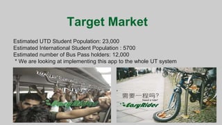 Target Market
Estimated UTD Student Population: 23,000
Estimated International Student Population : 5700
Estimated number of Bus Pass holders: 12,000
* We are looking at implementing this app to the whole UT system
 