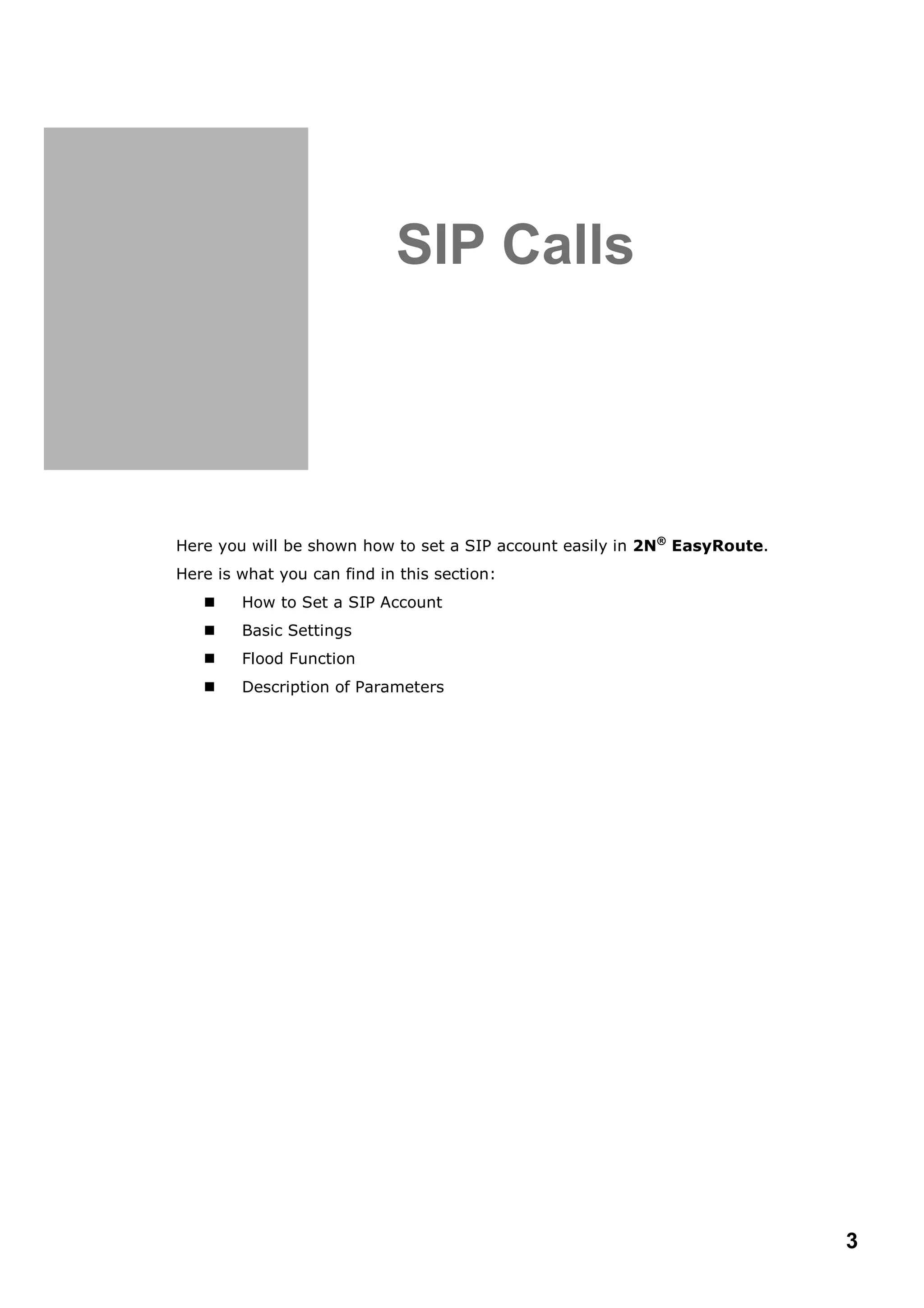 3
1. SIP Calls
Here you will be shown how to set a SIP account easily in 2N®
EasyRoute.
Here is what you can find in this section:
 How to Set a SIP Account
 Basic Settings
 Flood Function
 Description of Parameters
 