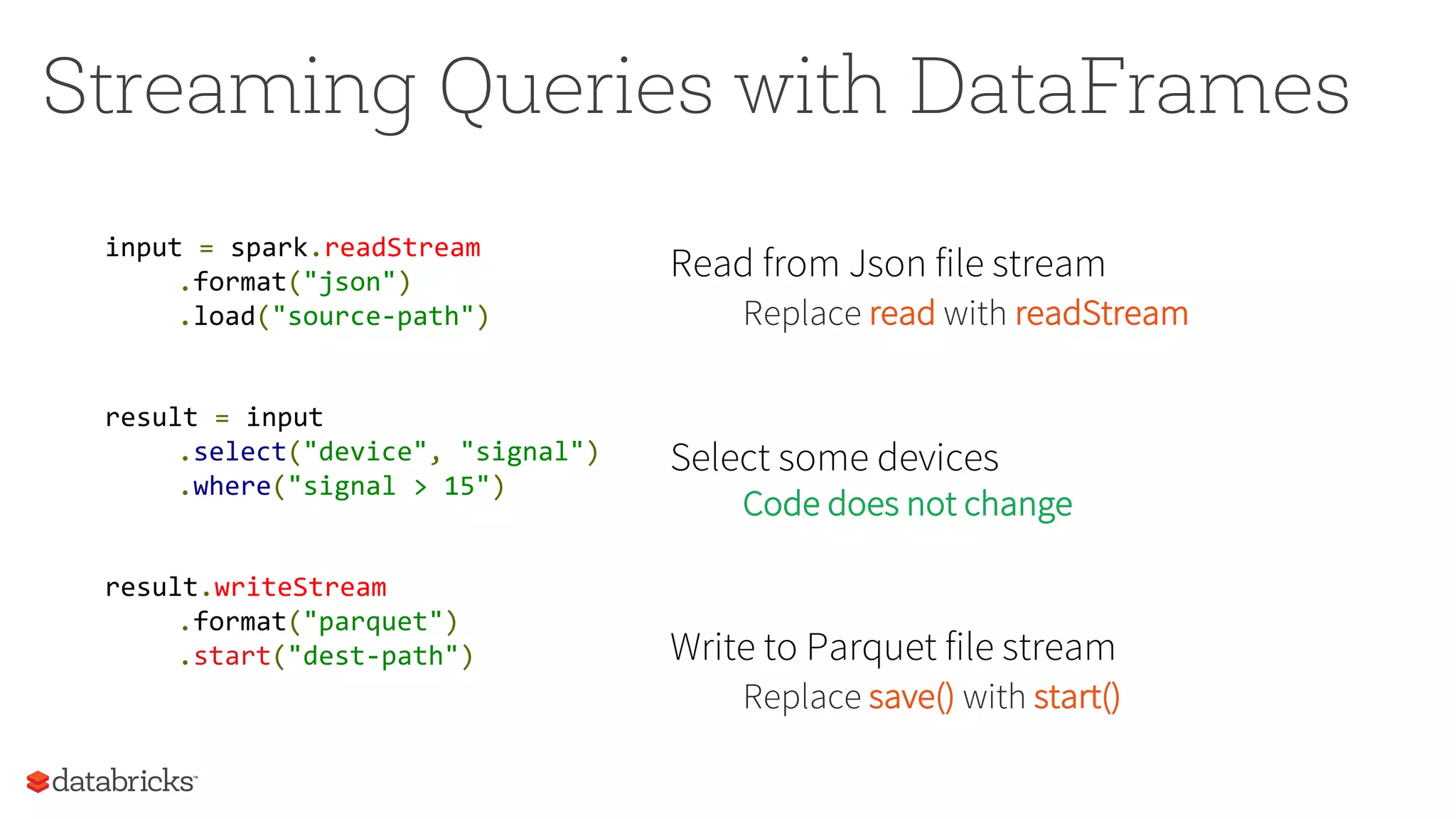 Streaming Queries with DataFrames
input = spark.readStream
.format("json")
.load("source-path")
result = input
.select("device", "signal")
.where("signal > 15")
result.writeStream
.format("parquet")
.start("dest-path")
Read from Json file stream
Replace read with readStream
Select some devices
Code does not change
Write to Parquet file stream
Replace save() with start()
 