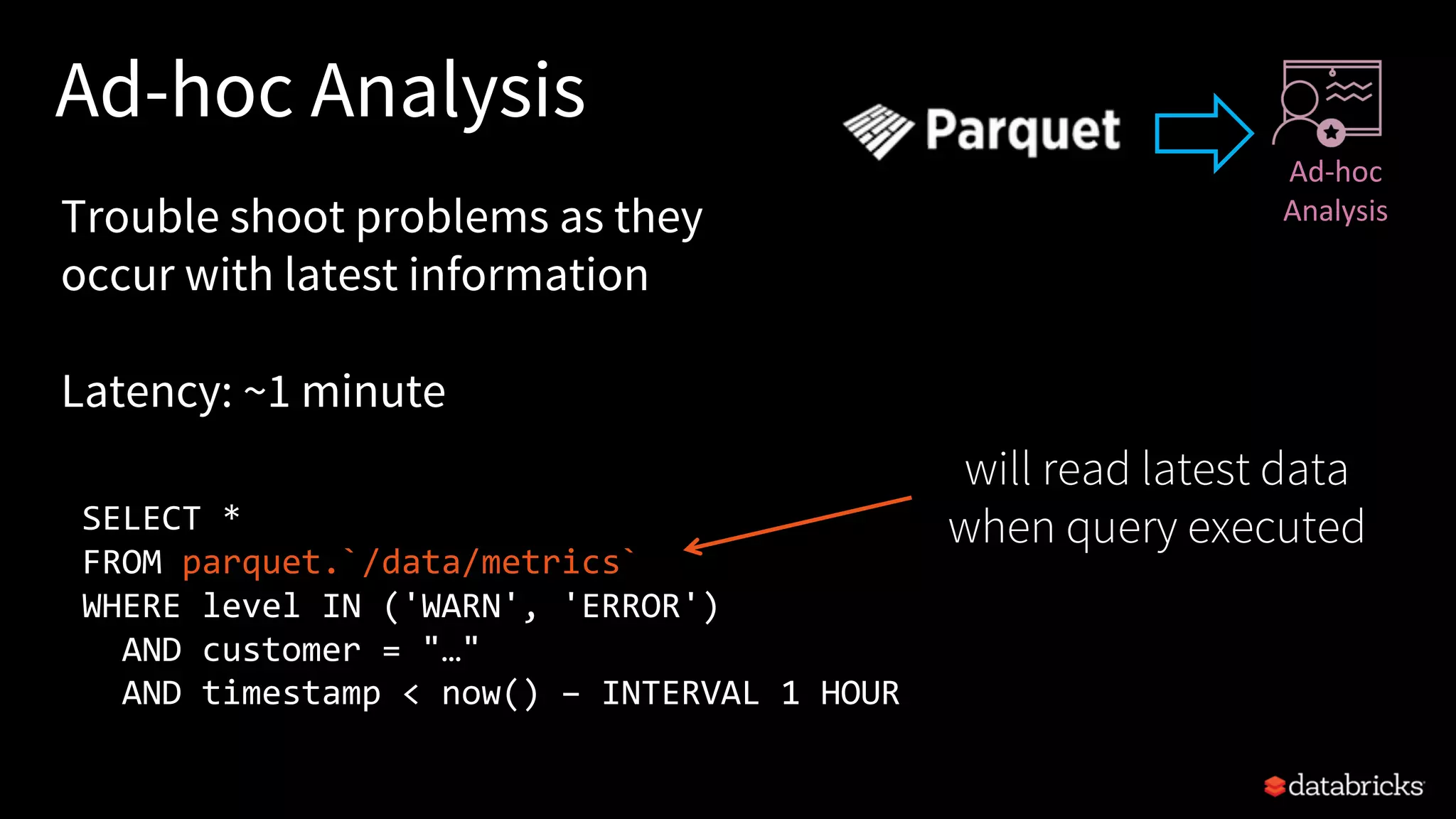 Ad-hoc Analysis
SELECT *
FROM parquet.`/data/metrics`
WHERE level IN ('WARN', 'ERROR')
AND customer = "…"
AND timestamp < now() – INTERVAL 1 HOUR
Trouble shoot problems as they
occur with latest information
Latency: ~1 minute
Ad-hoc
Analysis
will read latest data
when query executed
 
