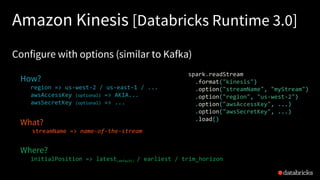 Amazon Kinesis [Databricks Runtime 3.0]
Configure with options (similar to Kafka)
How?
region => us-west-2 / us-east-1 / ...
awsAccessKey (optional) => AKIA...
awsSecretKey (optional) => ...
What?
streamName => name-of-the-stream
Where?
initialPosition => latest(default) / earliest / trim_horizon
spark.readStream
.format("kinesis")
.option("streamName", "myStream")
.option("region", "us-west-2")
.option("awsAccessKey", ...)
.option("awsSecretKey", ...)
.load()
 
