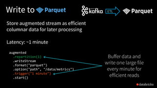 Write to
augmented
.repartition(1)
.writeStream
.format("parquet")
.option("path", "/data/metrics")
.trigger("1 minute")
.start()
Store augmented stream as efficient
columnar data for later processing
Latency: ~1 minute
Buffer data and
write one large file
every minute for
efficient reads
ETL
 