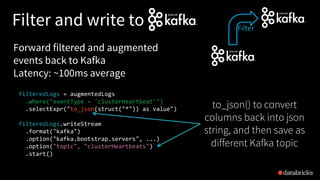 Filter and write to
filteredLogs = augmentedLogs
.where("eventType = 'clusterHeartbeat'")
.selectExpr("to_json(struct("*")) as value")
filteredLogs.writeStream
.format("kafka")
.option("kafka.bootstrap.servers", ...)
.option("topic", "clusterHeartbeats")
.start()
Forward filtered and augmented
events back to Kafka
Latency: ~100ms average
Filter
to_json() to convert
columns back into json
string, and then save as
different Kafka topic
 