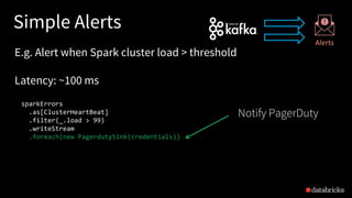 Simple Alerts
sparkErrors
.as[ClusterHeartBeat]
.filter(_.load > 99)
.writeStream
.foreach(new PagerdutySink(credentials))
E.g. Alert when Spark cluster load > threshold
Latency: ~100 ms
Alerts
Notify PagerDuty
 