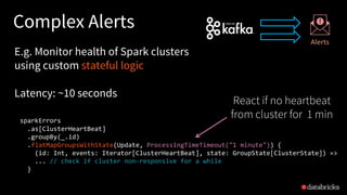 Complex Alerts
sparkErrors
.as[ClusterHeartBeat]
.groupBy(_.id)
.flatMapGroupsWithState(Update, ProcessingTimeTimeout("1 minute")) {
(id: Int, events: Iterator[ClusterHeartBeat], state: GroupState[ClusterState]) =>
... // check if cluster non-responsive for a while
}
E.g. Monitor health of Spark clusters
using custom stateful logic
Latency: ~10 seconds
Alerts
React if no heartbeat
from cluster for 1 min
 