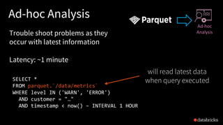 Ad-hoc Analysis
SELECT *
FROM parquet.`/data/metrics`
WHERE level IN ('WARN', 'ERROR')
AND customer = "…"
AND timestamp < now() – INTERVAL 1 HOUR
Trouble shoot problems as they
occur with latest information
Latency: ~1 minute
Ad-hoc
Analysis
will read latest data
when query executed
 