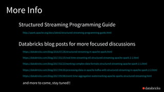 More Info
Structured Streaming Programming Guide
http://spark.apache.org/docs/latest/structured-streaming-programming-guid...