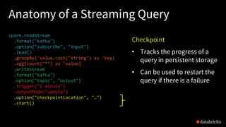 Anatomy of a Streaming Query
spark.readStream
.format("kafka")
.option("subscribe", "input")
.load()
.groupBy('value.cast("string") as 'key)
.agg(count("*") as 'value)
.writeStream
.format("kafka")
.option("topic", "output")
.trigger("1 minute")
.outputMode("update")
.option("checkpointLocation", "…")
.start()
Checkpoint
• Tracks the progress of a
query in persistent storage
• Can be used to restart the
query if there is a failure
 