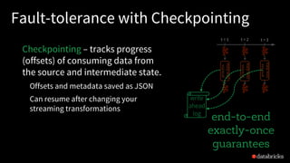 Fault-tolerance with Checkpointing
Checkpointing – tracks progress
(offsets) of consuming data from
the source and intermediate state.
Offsets and metadata saved as JSON
Can resume after changing your
streaming transformations
end-to-end
exactly-once
guarantees
process
newdata
t = 1 t = 2 t = 3
process
newdata
process
newdata
write
ahead
log
 