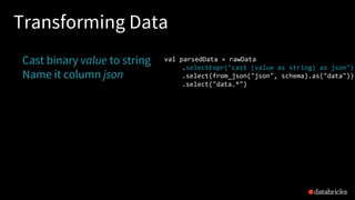 Transforming Data
Cast binary value to string
Name it column json
val parsedData = rawData
.selectExpr("cast (value as string) as json")
.select(from_json("json", schema).as("data"))
.select("data.*")
 