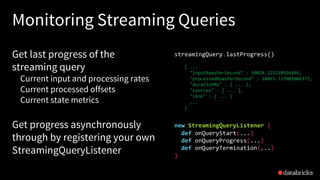 Monitoring Streaming Queries
Get last progress of the
streaming query
Current input and processing rates
Current processed offsets
Current state metrics
Get progress asynchronously
through by registering your own
StreamingQueryListener
new StreamingQueryListener {
def onQueryStart(...)
def onQueryProgress(...)
def onQueryTermination(...)
}
streamingQuery.lastProgress()
{ ...
"inputRowsPerSecond" : 10024.225210926405,
"processedRowsPerSecond" : 10063.737001006373,
"durationMs" : { ... },
"sources" : [ ... ],
"sink" : { ... }
...
}
 