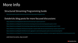 More Info
Structured Streaming Programming Guide
http://spark.apache.org/docs/latest/structured-streaming-programming-guide.html
Databricks blog posts for more focused discussions
https://databricks.com/blog/2016/07/28/structured-streaming-in-apache-spark.html
https://databricks.com/blog/2017/01/19/real-time-streaming-etl-structured-streaming-apache-spark-2-1.html
https://databricks.com/blog/2017/02/23/working-complex-data-formats-structured-streaming-apache-spark-2-1.html
https://databricks.com/blog/2017/04/26/processing-data-in-apache-kafka-with-structured-streaming-in-apache-spark-2-2.html
https://databricks.com/blog/2017/05/08/event-time-aggregation-watermarking-apache-sparks-structured-streaming.html
https://databricks.com/blog/2017/10/11/benchmarking-structured-streaming-on-databricks-runtime-against-state-of-the-art-streaming-systems.html
and more to come, stay tuned!!
 