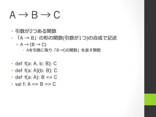 A → B → C
•  引数が2つある関数
•  「A → B」の形の関数(引数が1つ)の合成で記述
•  A → (B → C)
•  Aを引数に取り「B→Cの関数」を返す関数
•  def f(a: A, b: B): C
•  def f(a: A)(b: B): C
•  def f(a: A): B => C
•  val f: A => B => C
 