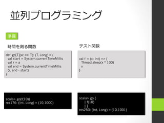 並列列プログラミング
def go[T](a: => T): (T, Long) = {
val start = System.currentTimeMillis
val r = a
val end = System.currentTimeMillis
(r, end - start)
}
val f = (x: Int) => {
Thread.sleep(x * 100)
x
}
scala> go(f(10))
res176: (Int, Long) = (10,1000)
scala> go {
| f(10)
| }
res253: (Int, Long) = (10,1001)
準備
時間を測る関数 テスト関数
 