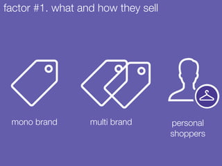 factor #1. what and how they sell
mono brand multi brand personal
shoppers
 
