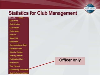 Statistics for Club Management




                      Officer only
 