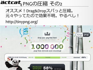 PNGの圧縮  その2
オススメ！Drag&Dropスパっと圧縮。	
  
元々やってたので効果不不明。やるべし！	
  
http://tinypng.org/




        Copyright	
  2012©	
  Actcat,	
  Inc.	
  All	
  Rights	
  Reserved.	
     13
 