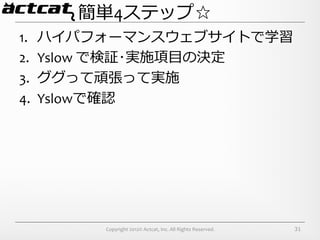 簡単4ステップ☆
1.    ハイパフォーマンスウェブサイトで学習	
  
2.    Yslow	
  で検証･実施項⽬目の決定	
  
3.    ググって頑張って実施	
  
4.    Yslowで確認




            Copyright	
  2012©	
  Actcat,	
  Inc.	
  All	
  Rights	
  Reserved.	
     31
 