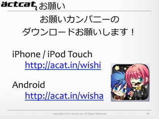 お願い
     お願いカンパニーの	
  
   ダウンロードお願いします！

iPhone	
  /	
  iPod	
  Touch
   http://acat.in/wishi

Android
  http://acat.in/wisha
            Copyright	
  2012©	
  Actcat,	
  Inc.	
  All	
  Rights	
  Reserved.	
     34
 