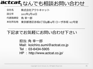 なんでも相談お問い合わせ
会社名       株式会社アクトキャット
設⽴立立年年    2012年年5⽉月10⽇日
代表取締役     ⾓角  幸⼀一郎郎
本社所在地     東京都港区⾚赤坂8丁⽬目9番14号  ローザ⾚赤坂  107号室



下記までお気軽にお問い合わせ下さい

         担当: ⾓角  幸⼀一郎郎#
         Mail: koichiro.sumi@actcat.co.jp#
         Tel : 03-6434-5905#
         HP : http://www.actcat.co.jp/


                 Copyright	
  2012©	
  Actcat,	
  Inc.	
  All	
  Rights	
  Reserved.	
     36
 