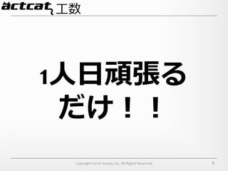 ⼯工数

     	
  
1⼈人⽇日頑張る	
  
  だけ！！
   Copyright	
  2012©	
  Actcat,	
  Inc.	
  All	
  Rights	
  Reserved.	
     8
 