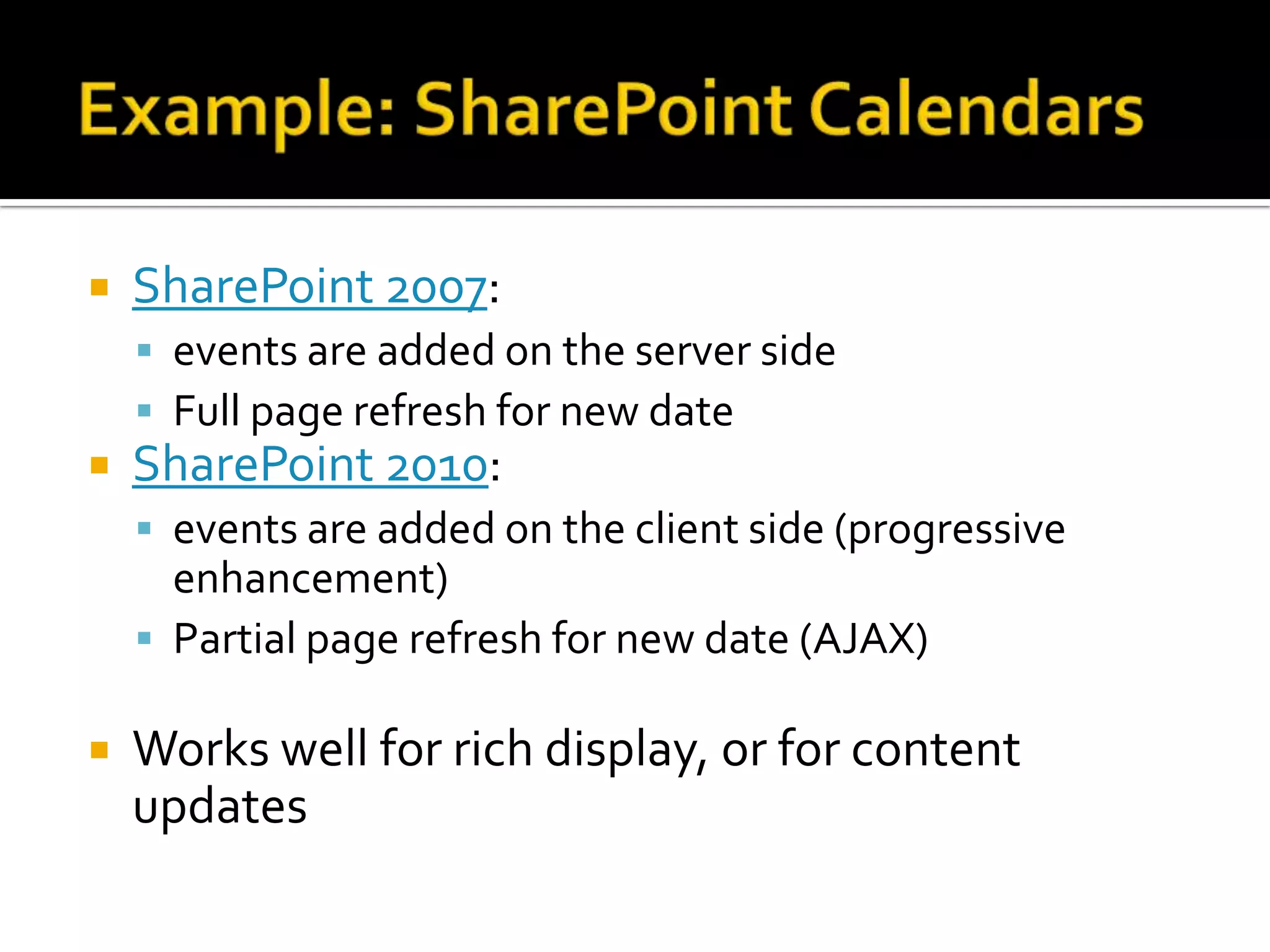   SharePoint 2007:
     events are added on the server side
     Full page refresh for new date
   SharePoint 2010:
     events are added on the client side (progressive
      enhancement)
     Partial page refresh for new date (AJAX)

   Works well for rich display, or for content
    updates
 