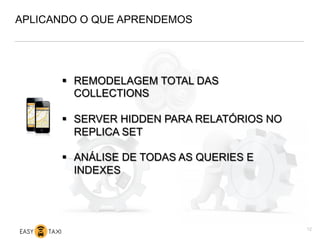 APLICANDO O QUE APRENDEMOS
12
§  REMODELAGEM TOTAL DAS
COLLECTIONS
§  SERVER HIDDEN PARA RELATÓRIOS NO
REPLICA SET
§  ANÁLISE DE TODAS AS QUERIES E
INDEXES
 