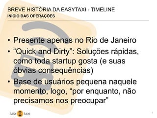 INÍCIO DAS OPERAÇÕES
BREVE HISTÓRIA DA EASYTAXI - TIMELINE
•  Presente apenas no Rio de Janeiro
•  “Quick and Dirty”: Soluções rápidas,
como toda startup gosta (e suas
óbvias consequências)
•  Base de usuários pequena naquele
momento, logo, “por enquanto, não
precisamos nos preocupar”
4
 