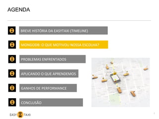 AGENDA
7
MONGODB:	
  O	
  QUE	
  MOTIVOU	
  NOSSA	
  ESCOLHA?	
  
PROBLEMAS	
  ENFRENTADOS	
  
APLICANDO	
  O	
  QUE	
  APRENDEMOS	
  
GANHOS	
  DE	
  PERFORMANCE	
  
CONCLUSÃO	
  
BREVE	
  HISTÓRIA	
  DA	
  EASYTAXI	
  (TIMELINE)	
  
 