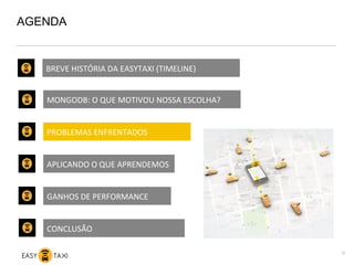 AGENDA
9
MONGODB:	
  O	
  QUE	
  MOTIVOU	
  NOSSA	
  ESCOLHA?	
  
PROBLEMAS	
  ENFRENTADOS	
  
APLICANDO	
  O	
  QUE	
  APRENDEMOS	
  
GANHOS	
  DE	
  PERFORMANCE	
  
CONCLUSÃO	
  
BREVE	
  HISTÓRIA	
  DA	
  EASYTAXI	
  (TIMELINE)	
  
 
