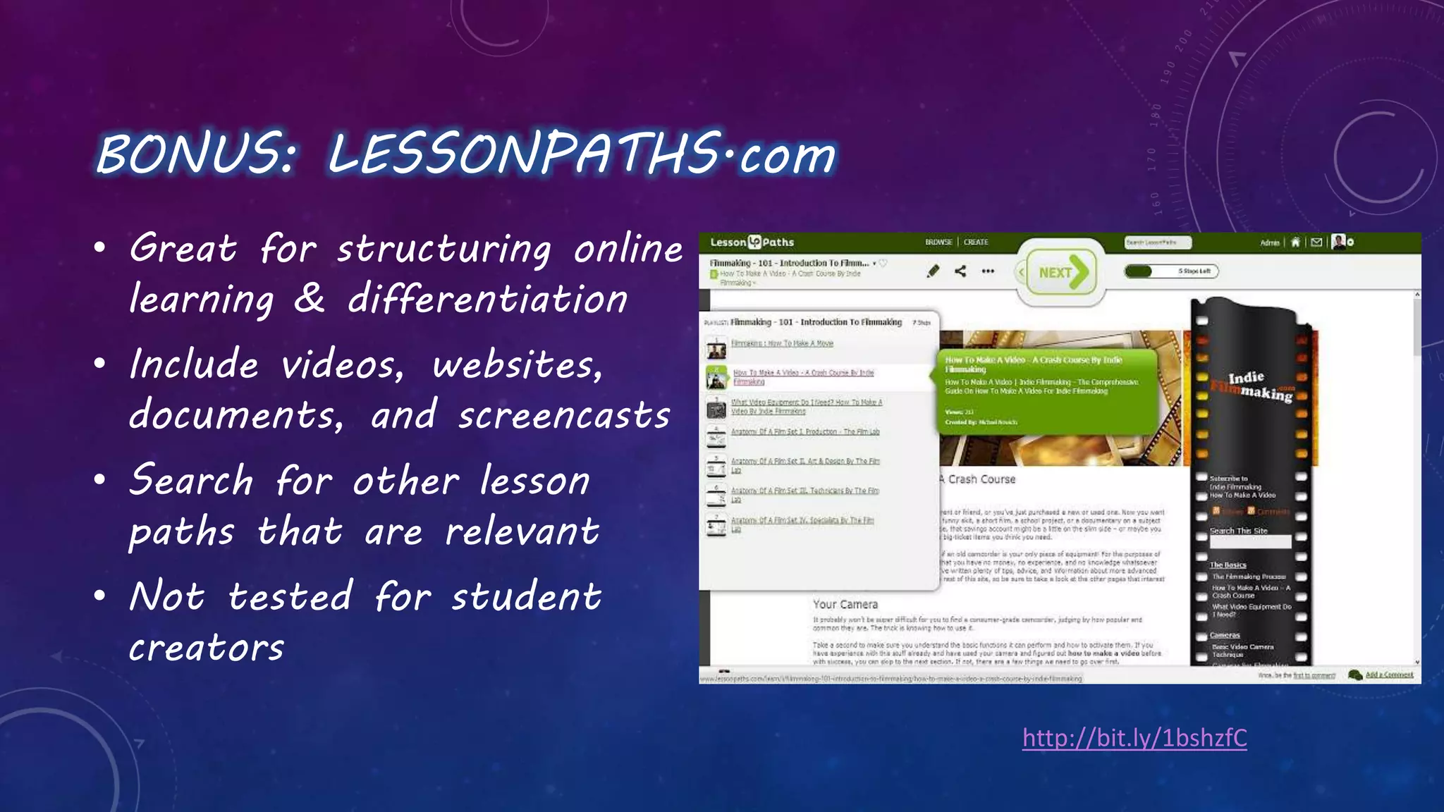 BONUS: LESSONPATHS.com
• Great for structuring online
learning & differentiation
• Include videos, websites,
documents, and screencasts
• Search for other lesson
paths that are relevant
• Not tested for student
creators
http://bit.ly/1bshzfC
 