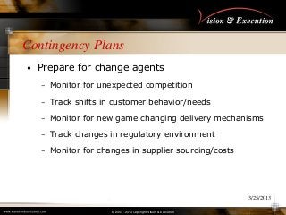 Contingency Plans
•

Prepare for change agents
–

Monitor for unexpected competition

–

Track shifts in customer behavior...