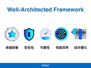 Well-Architected Framework
卓越經營 安全性 可靠性 性能效率 成本優化
 