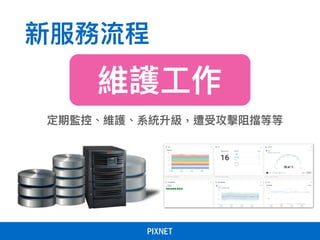 新服務流程
定期監控、維護、系統升級，遭受攻擊阻擋等等
維護⼯工作
 